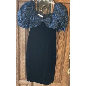 Vintage SCOTT McCLINTOCK 10 Blue Satin &  Black Velvet Dress w/ Bow Detail 90s